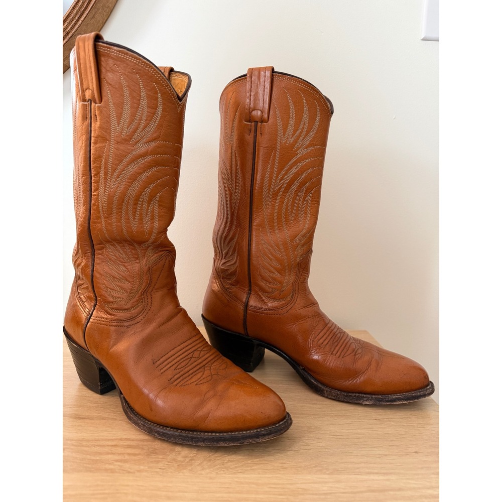 Vtg 80s Nocona Leather Cowboy Boots Mens 8D Tan Style 4701 USA Made Western
